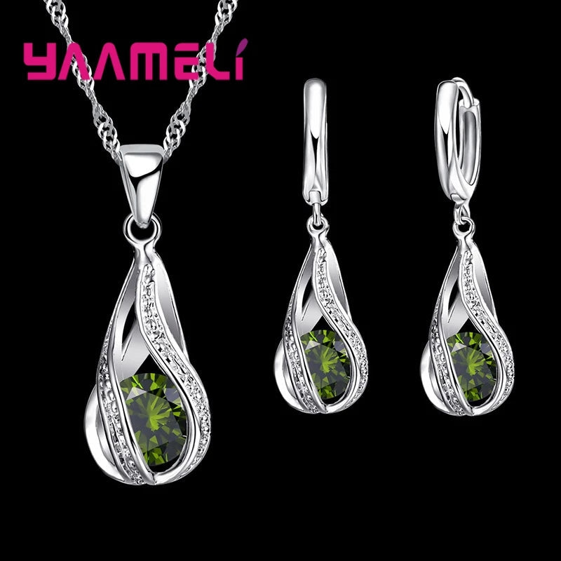 Hot Water Drop CZ 925 Sterling Silver Plated Jewelry Set For Women Pendant Necklace Hoop Earrings Wedding Party Ceremoey Anel Quick Pick Grocers
