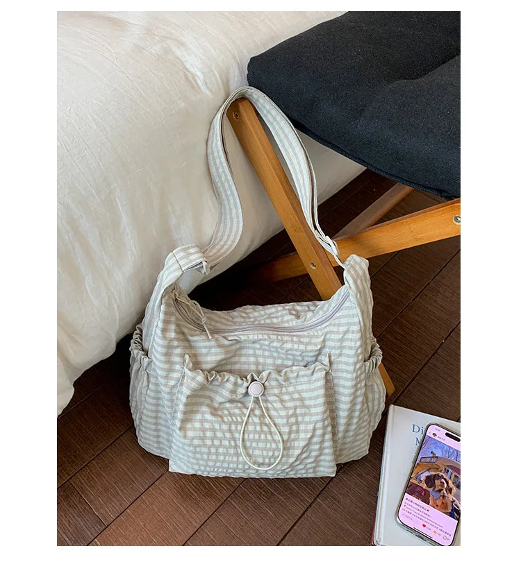 Korean Nylon Shoulder Bags Fashion Simple Plaid Zipper Tote Drawstring Pleated Cloud Bags New Commuter Crossbody Shoulder Bag Quick Pick Grocers