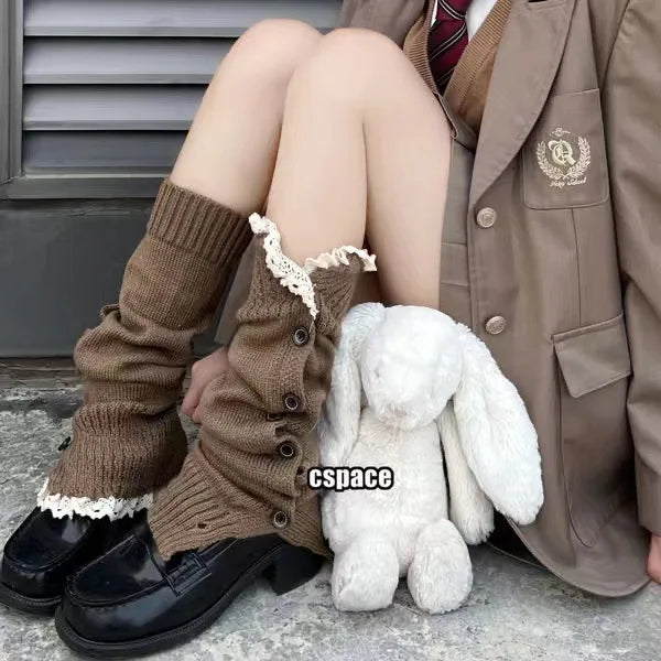 JK Girls Leg Sock Set Lolita Button Lace Warm Sock Set New Button Lace Sock Set Straight Knitted Leg Warmers Quick Pick Grocers