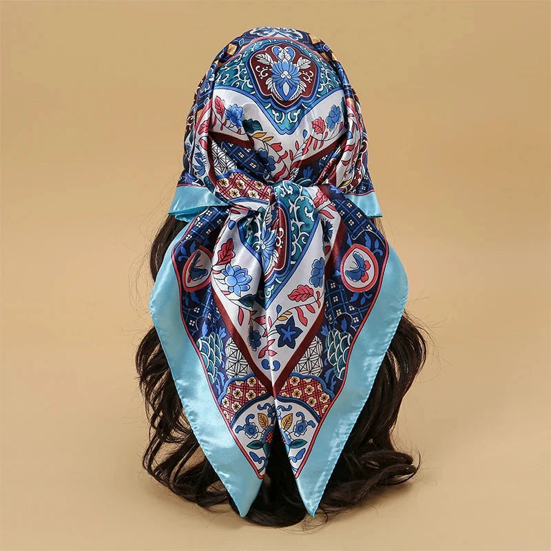 Satin Square Scarf Women Muslim Hijab Elegant 2025 Print Silk Neckerchief Shawl Wraps Headband Handle Hair Accessories Bandana Econic Blanks