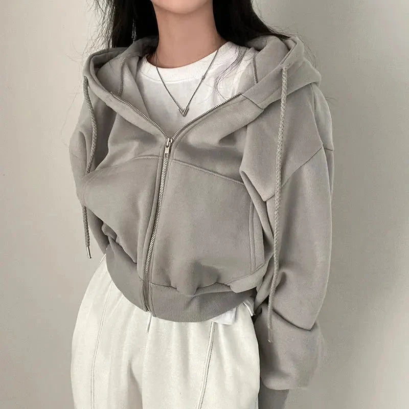 Casual Hood Sweatshirt Women Y2K Zip Up Hoodies Solid Harajuku Long Sleeve Shirt Oversized Crop Tops Female Loose Jackets Coat Econic Blanks