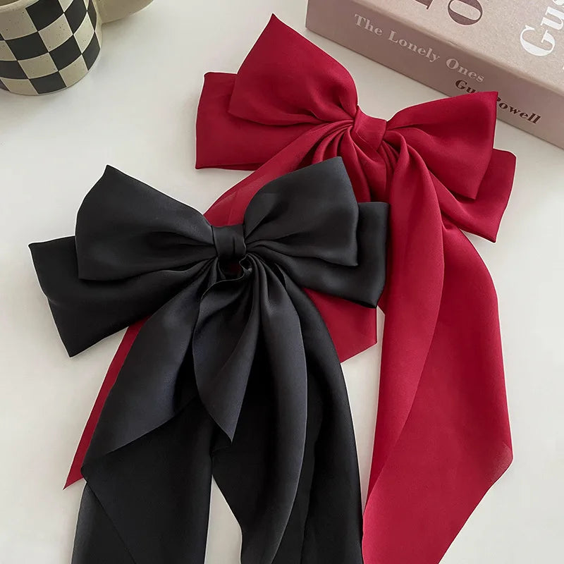 Korean Accessories Hair Clips for Women Girls Big Bowknot Solid Satin Long Ribbon Bows Spring Clamp Barette Cheveux Femme 2023 Quick Pick Grocers