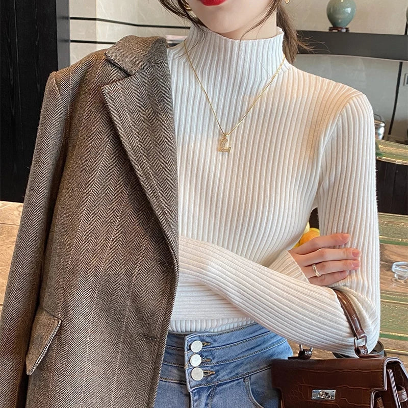 New Women's Elegant Solid Basic Knitted Tops Women Turtlneck Sweater Long Sleeve Casual Slim Pullover Fashion Simple Chic Tops Quick Pick Grocers