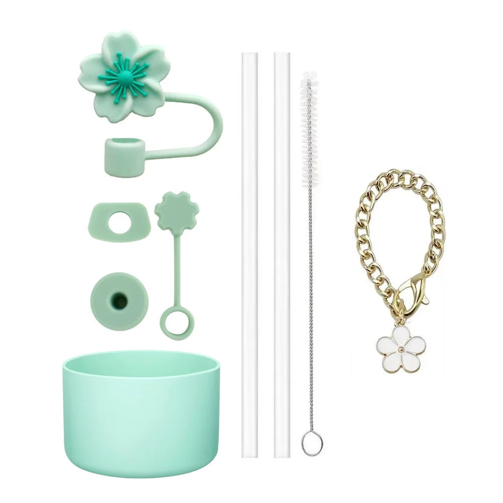 Cup Accessories for Stanley Cup Set of 9 Straw and Brush and 1 Flower Charm Chain 3 Spill Proof Stopper Flowers Straw Cover Boot Quick Pick Grocers