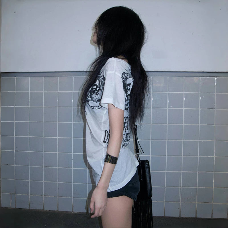 Karrram Japanese Y2k Letter Print T-shirt Trashy 2000s Style Tattoo T Shirt Vintage Harajuku Short Sleeve Sheer Tops Grunge Goth Quick Pick Grocers