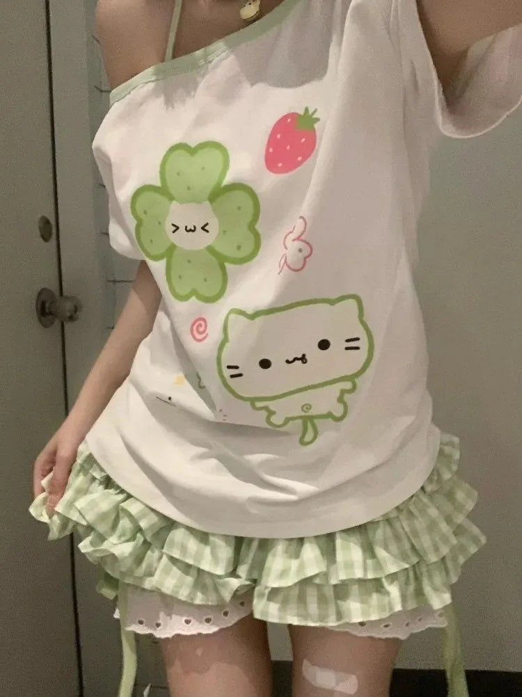 Ezgaga Harajuku T Shirts Women Cartoon Sweet Diagonal Collar Short Sleeve Off Shoulder Funny Tops Female Y2k Ladies Tshirts Quick Pick Grocers