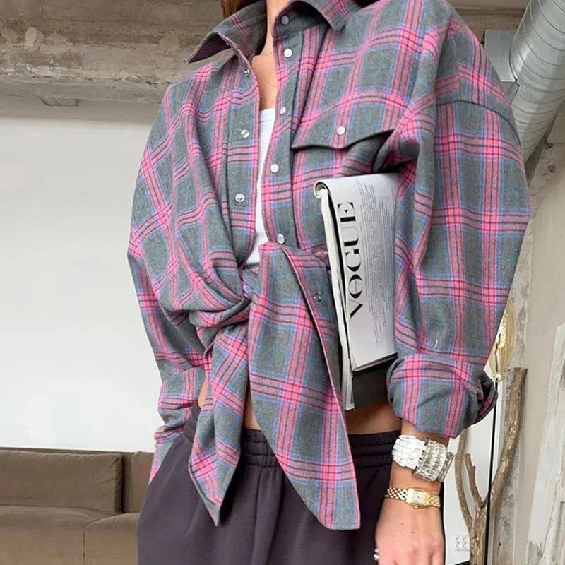 New Vintage Women Oversized Long Sleeve Plaid Shirt Blouse Tops Autumn Winter Button Down Loose Lapel Pocket Shirt Korean Style Quick Pick Grocers
