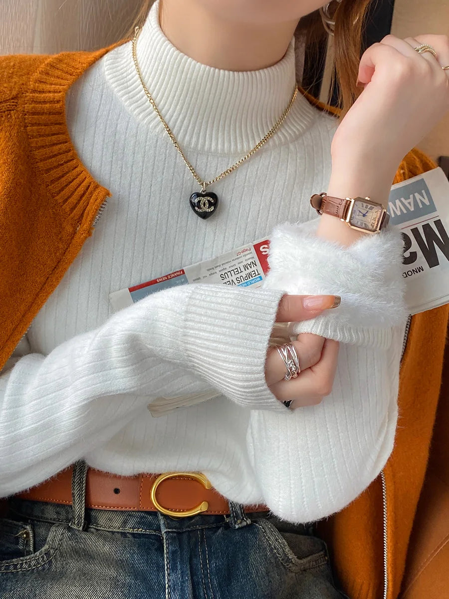 Women's Turtleneck Sweater Winter 2026 Retro with Velvet Lining Thickened Inner Wear Thermal Knitting Bottoming Shirt Pullovers Quick Pick Grocers