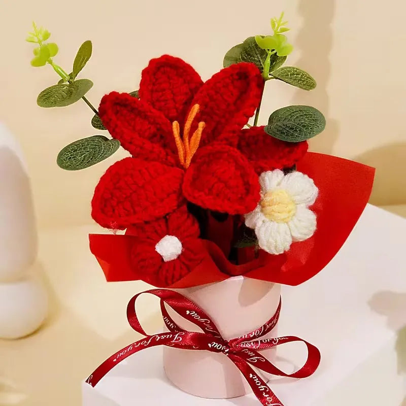 Knitted Flower Bouquet Crochet Rose Flowers Hugging Bucket New Year Gifts Living Room Desk Decoration Mother's Day Gift Quick Pick Grocers