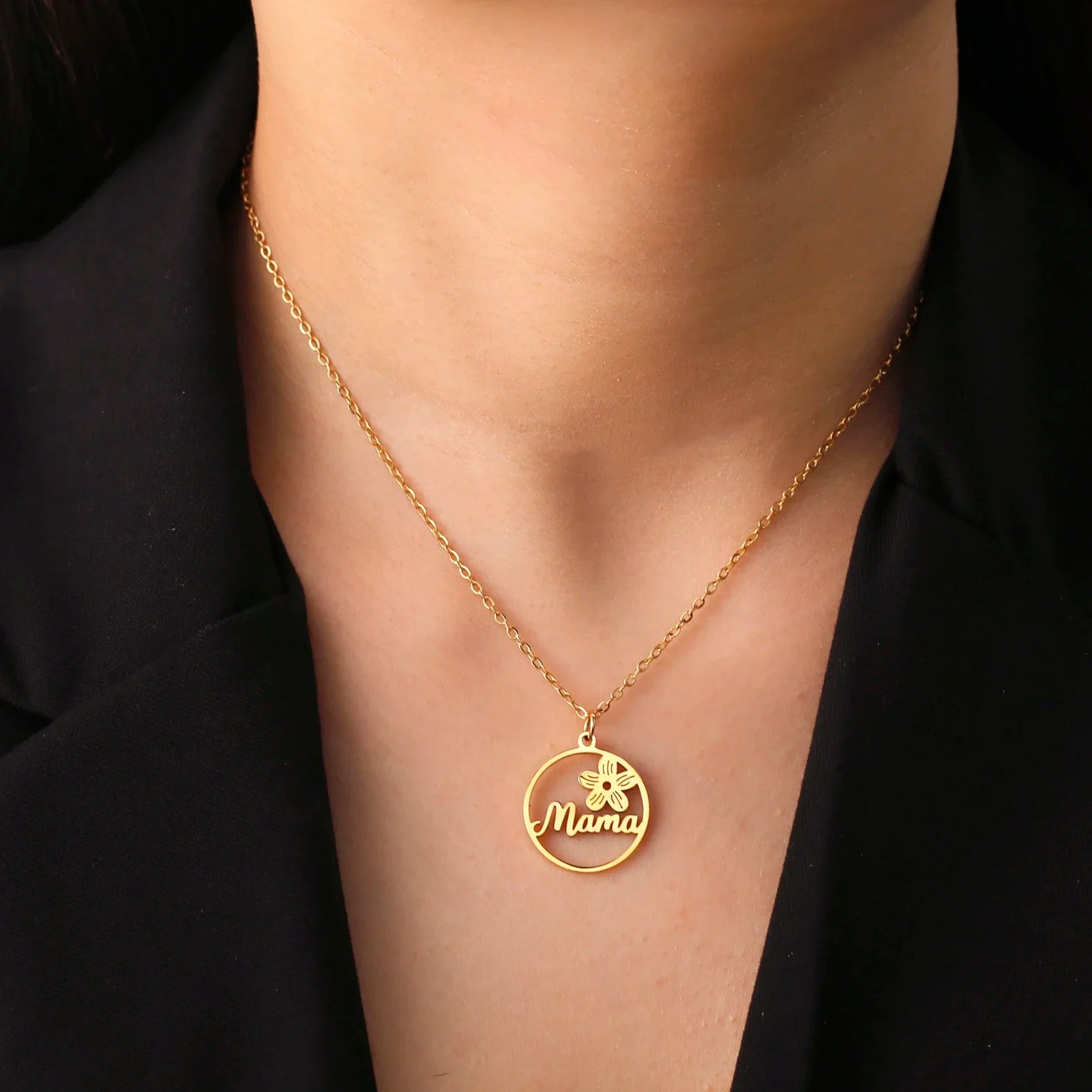 Skyrim Mama Letter Pendant Necklace for Women Stainless Steel Neck Chain Choker Trendy Family Jewelry Mother's Day Gift for Mom Quick Pick Grocers