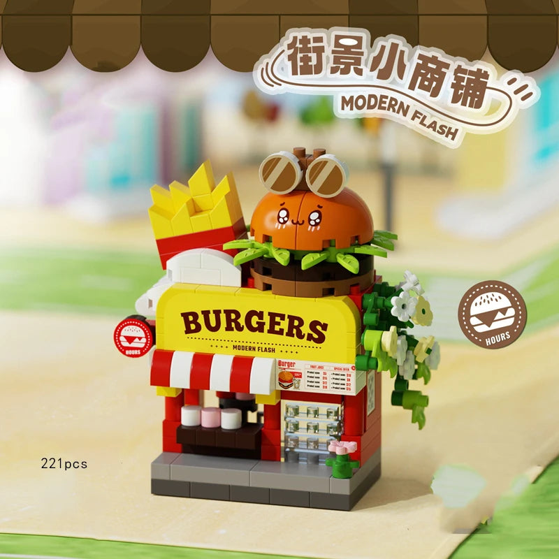 Library Candy Store Street View Coffee Pet Bread Flower Hamburger Small Shop City Building Blocks Fun Street Store Toys Quick Pick Grocers