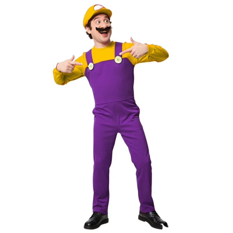 Mens Halloween Plumber Costume with Fake Beard Hat Gloves Adult Cosplay Jumpsuit Party Outfit Red, Yellow, Purple Plumber Quick Pick Grocers
