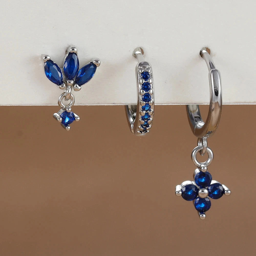 3PCS Fashion Orange Blue Zircon Hanging Earrings Set for Women Stainless Steel Flower Dangle Earring Piercing Jewelry Econic Blanks