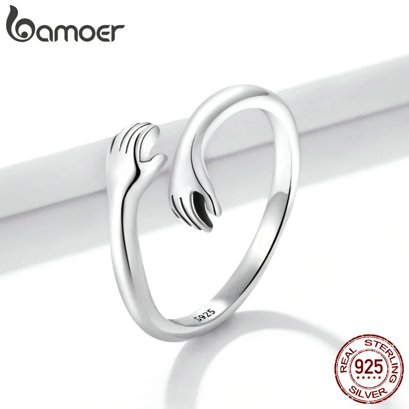 BAMOER 925 Sterling Silver Hug Open Ring Warm Love Hand Adjustable Glossy Ring for Women, His Big Loving Family Party Gift Quick Pick Grocers