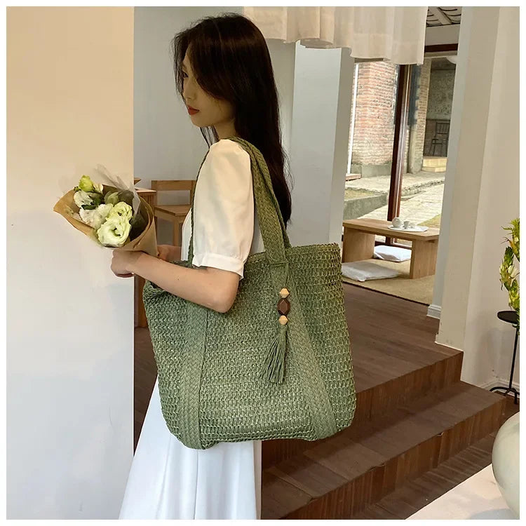 Elegant Ladies Straw Woven Handbag Women Holiday Beach Commute Casual Tote Top-Handle Bags Fashion Retro Shoulder Bags 2024 Quick Pick Grocers