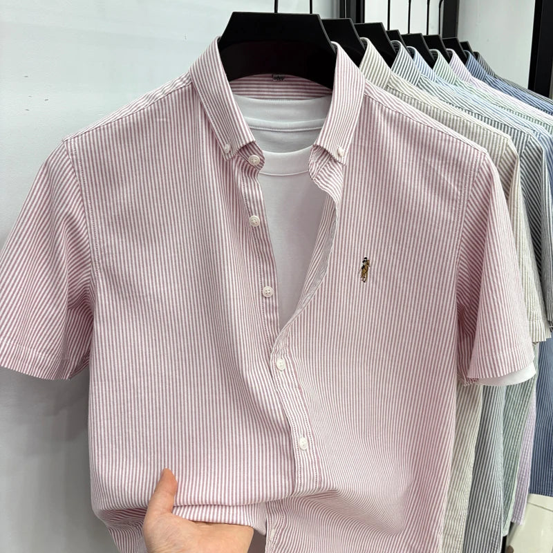 High End Brand Embroidered Striped Shirt Men's Short Sleeved Lapel Business Breathable Shirt Summer New Pure Cotton Jacket Quick Pick Grocers