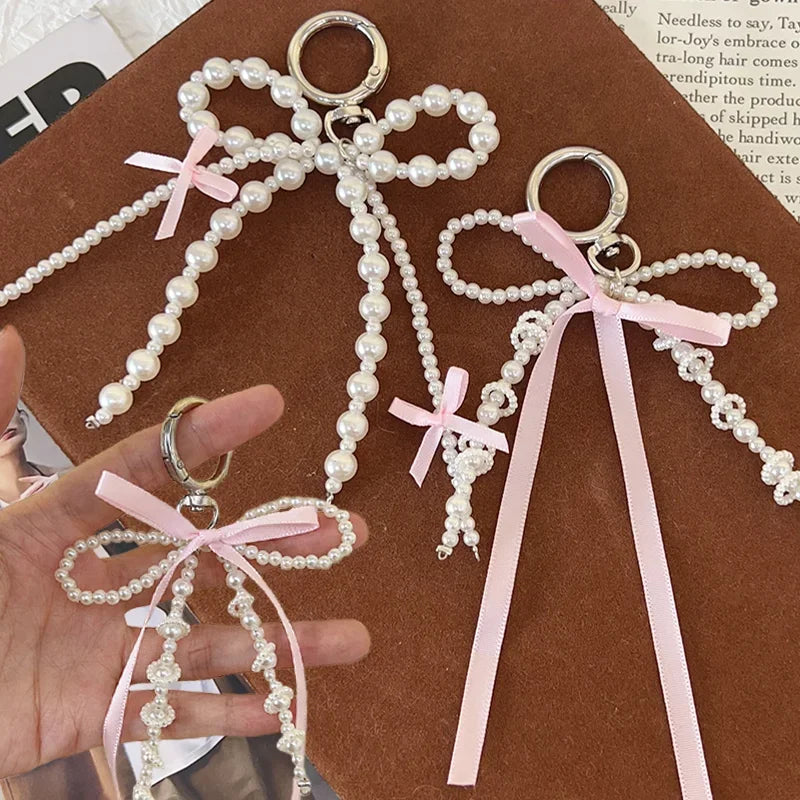 2026 New Korean Fashion Sweet Pearl Bow Keychain Heart Pendant Keyring Y2K Ins Aesthetic Holder for Girl Bag Pendant Accessories Quick Pick Grocers