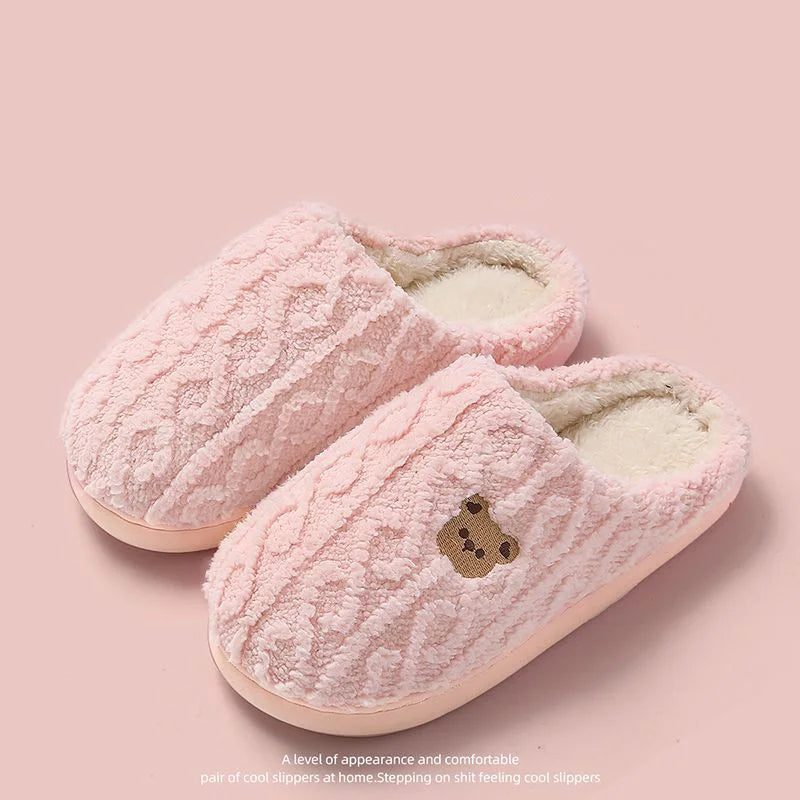 Winter Fluffy Shoes Women Cotton Slippers Cartoon Bear Thick Sole Warm Slides Men Female Couple House Indoor Plush Flat Shoes Purest Peak