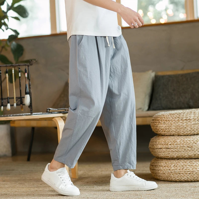 Men's Trousers Cotton Linen Fashion Casual Pants Solid Color Breathable Loose Shorts Straight Drawstring Pants Streetwear Men Quick Pick Grocers