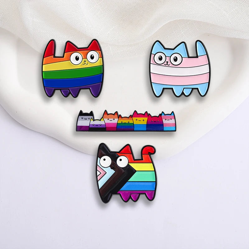 LGBT Pride Rainbow Striped Cat Brooch Enamel Pins Cute Cartoon Big Eye Kitten Brooch Lapel Badge Animal Jewelry Gift for Friends Quick Pick Grocers