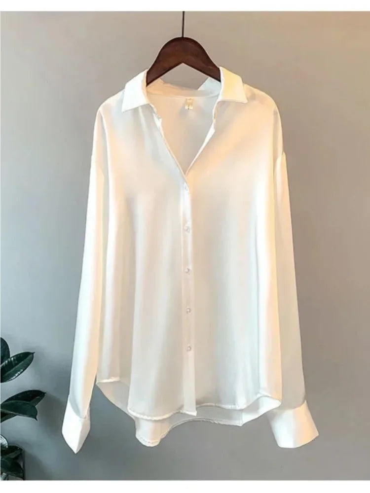 Plus Size Casual Women Silk Shirt 2025 New Fashion Loose Long Sleeve Button-Down Blouse Female Elegant Top Office Acetate Shirts Quick Pick Grocers