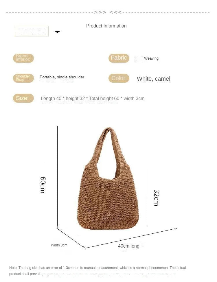 French Style Large Capacity Woven Straw Woven Bag for Women New Beach Vacation Shoulder Bag Casual Commuting Tote Bag Purse Quick Pick Grocers