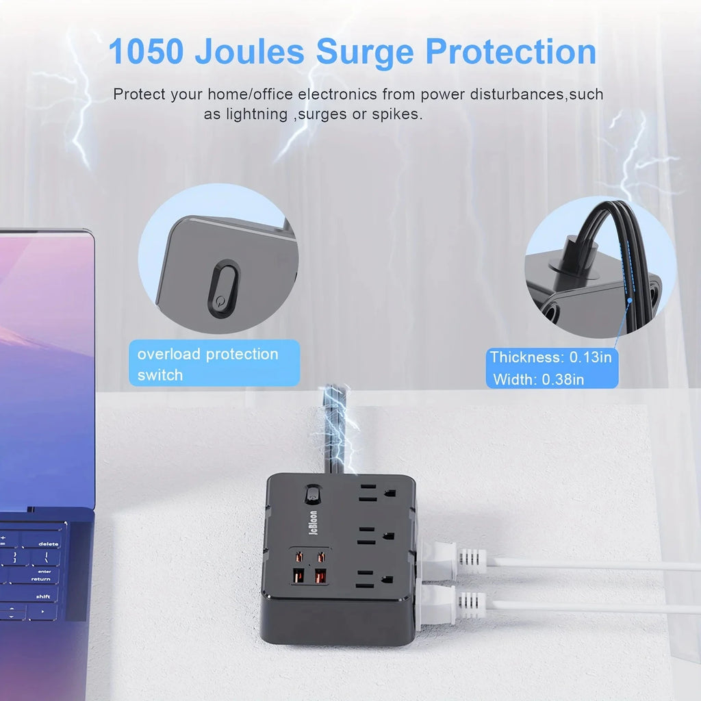 Surge Protector Ultra Thin Flat US Plug with 6 Widely Outlets 4 USB Ports,5ft Extender Cable,Power Strip Adapter for Home Office Econic Blanks