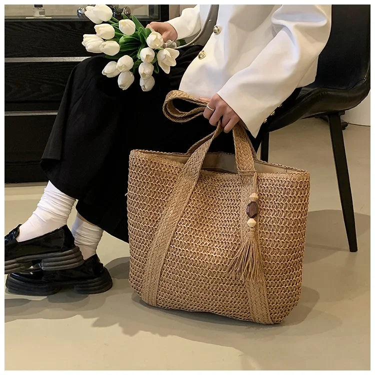 Elegant Ladies Straw Woven Handbag Women Holiday Beach Commute Casual Tote Top-Handle Bags Fashion Retro Shoulder Bags 2024 Quick Pick Grocers