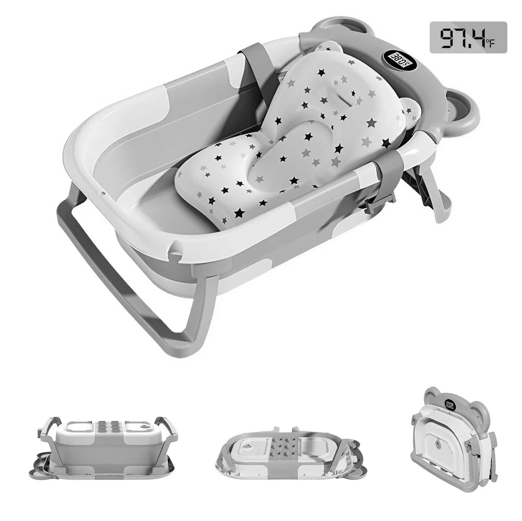 Portable Travel Bathtub, Collapsible Baby Bathtub, with Thermometer &1Soft Floating Cushion, with Drain Hole,For Baby 0-36 Month Purest Peak