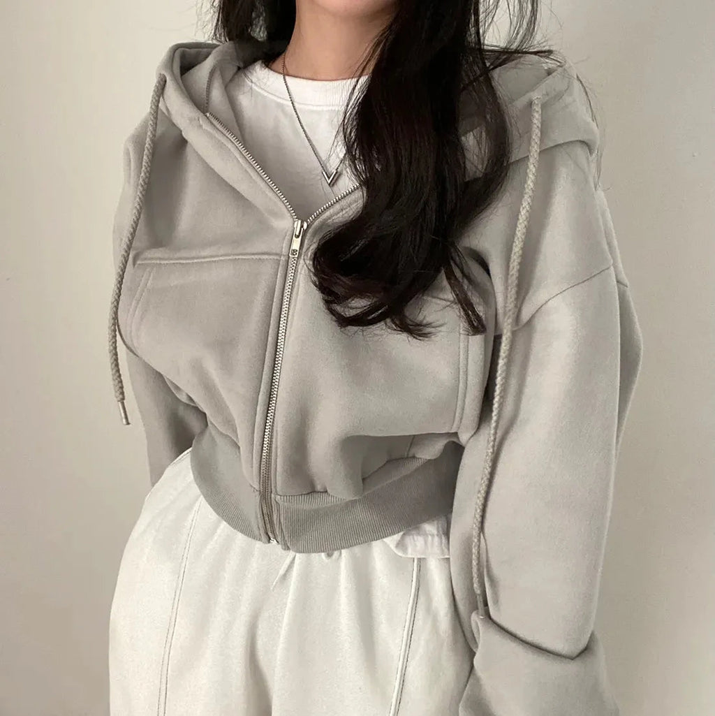 Casual Hood Sweatshirt Women Y2K Zip Up Hoodies Solid Harajuku Long Sleeve Shirt Oversized Crop Tops Female Loose Jackets Coat Econic Blanks