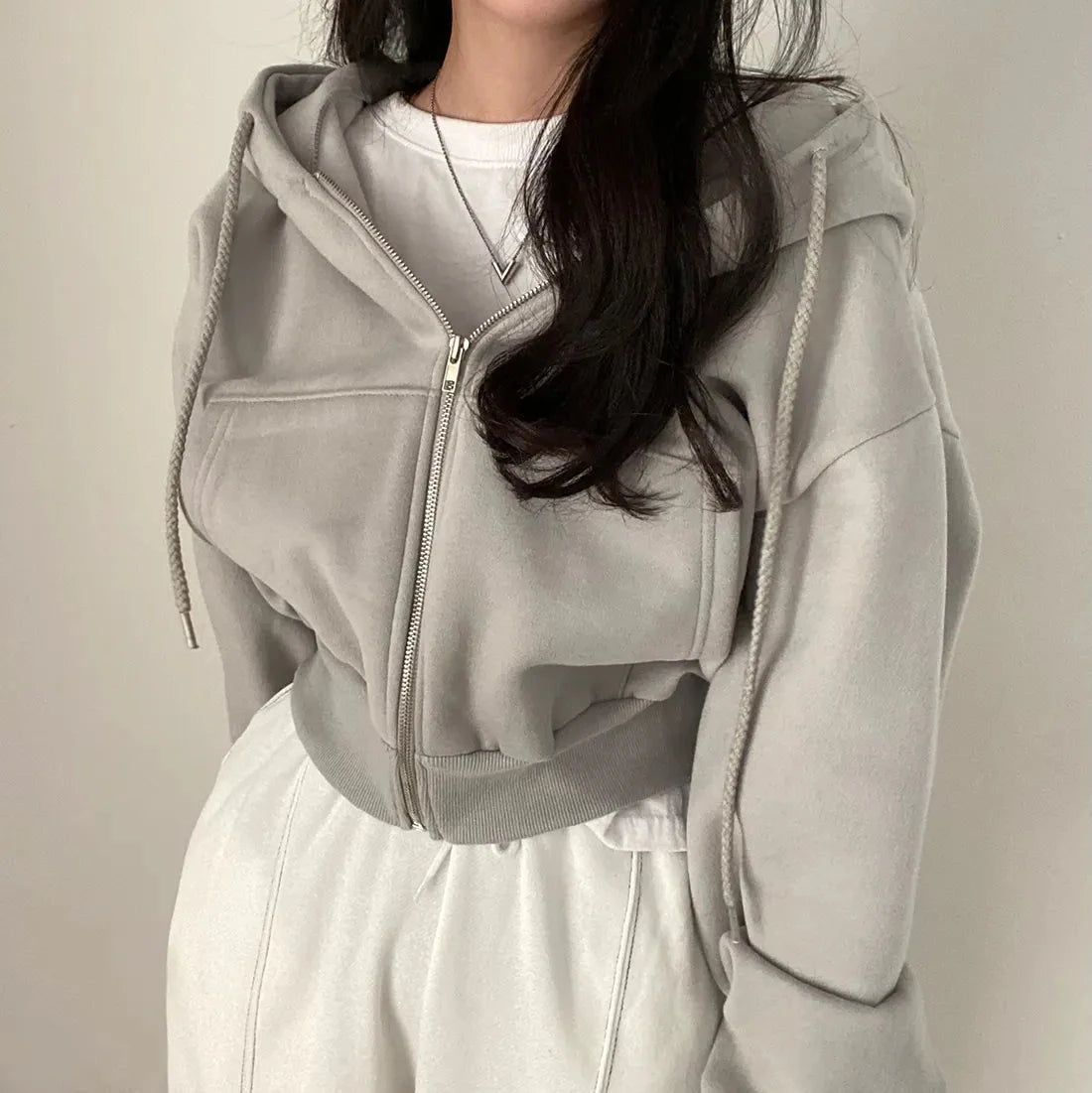 Casual Hood Sweatshirt Women Y2K Zip Up Hoodies Solid Harajuku Long Sleeve Shirt Oversized Crop Tops Female Loose Jackets Coat Econic Blanks