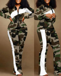 Two Piece Set Women Outfit 2023 Autumn Fashion Geometric Print Stand Collar Long Sleeve Zip Up Top & Casual Sporty Pants Set Quick Pick Grocers