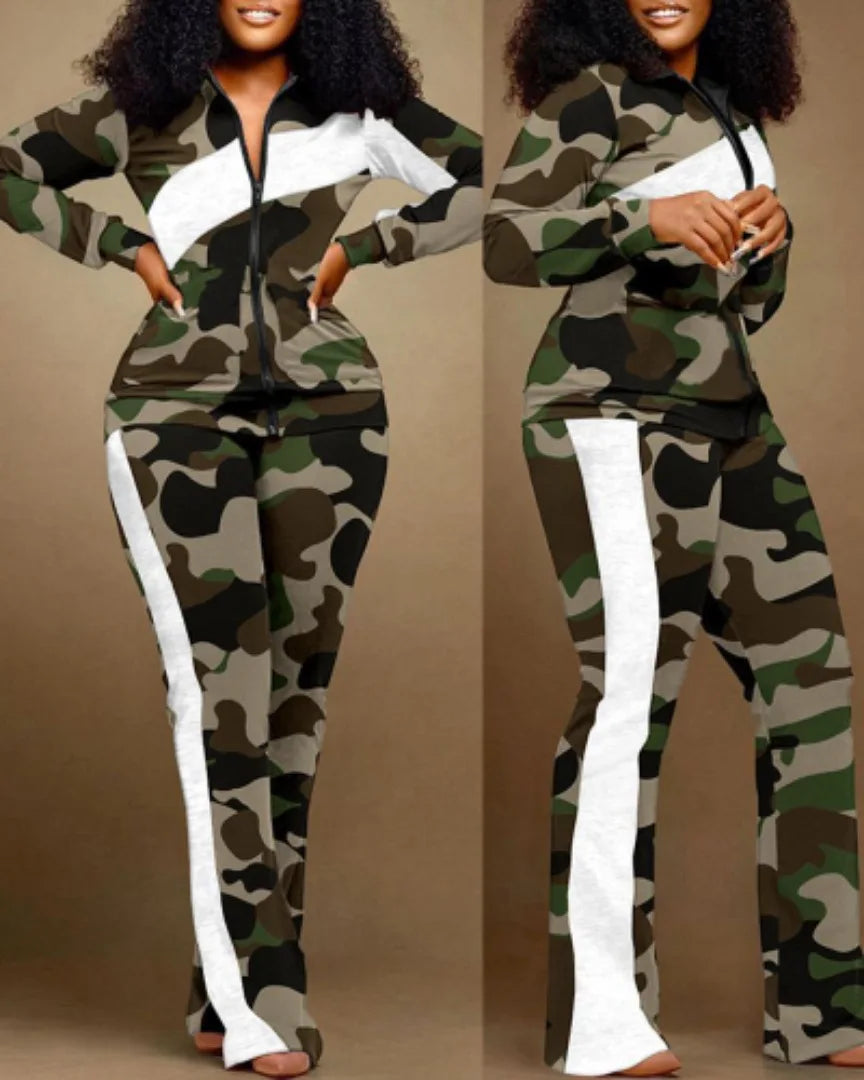 Two Piece Set Women Outfit 2023 Autumn Fashion Geometric Print Stand Collar Long Sleeve Zip Up Top & Casual Sporty Pants Set Quick Pick Grocers