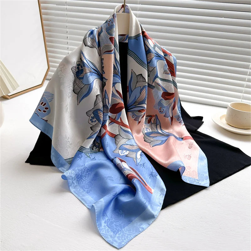 90*90Cm Square Scarf Twill Silk Feeling Women Head Shawls and Wraps Luxury Hair Tree Print Neck Scarves Hijab Bandana Pashmina Quick Pick Grocers
