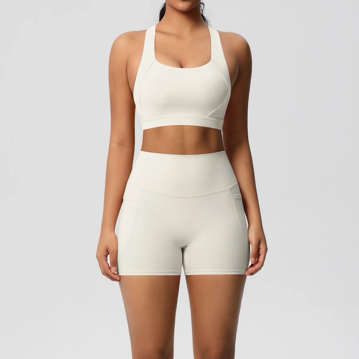 2PCS Sportswear With Pocketed Yoga Set Gym Clothes Yoga Suits For Women Tracksuits Sports Shorts Crossover Bra Gym Leggings Quick Pick Grocers