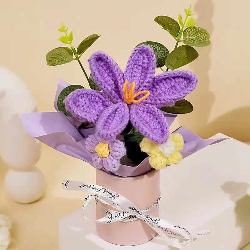 Knitted Flower Bouquet Crochet Rose Flowers Hugging Bucket New Year Gifts Living Room Desk Decoration Mother's Day Gift Quick Pick Grocers