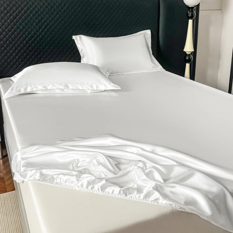 Satin Elastic Fitted Sheet Solid Mattress Cover 360 Band Bed Sheet for Single Double Couple King Queen Full Twin Bedsheet Quick Pick Grocers
