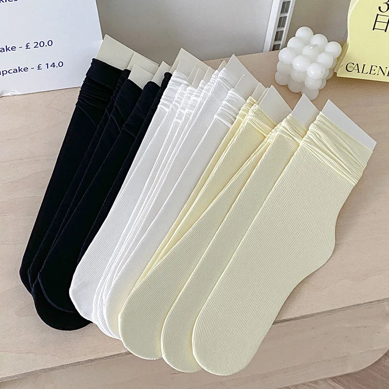 INS Women Girls Summer Thin Long Socks Ice Velvet Soft Breathable Pile of Socks Solid Black White Beige Harajuku High Tube Socks Quick Pick Grocers