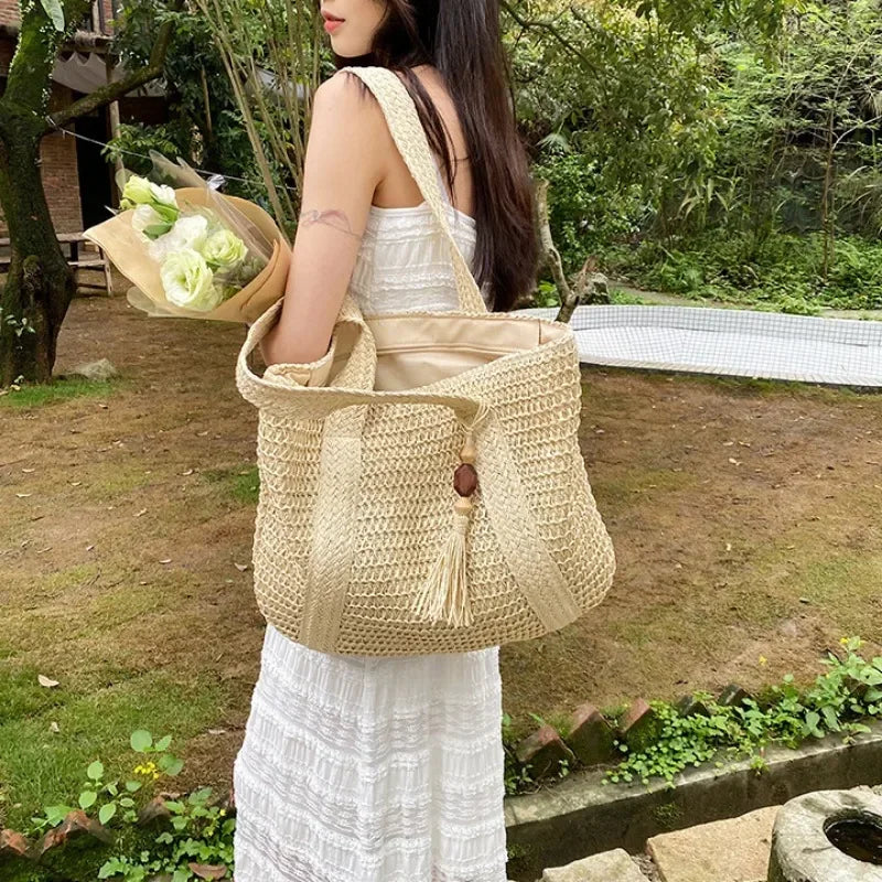 Elegant Ladies Straw Woven Handbag Women Holiday Beach Commute Casual Tote Top-Handle Bags Fashion Retro Shoulder Bags 2024 Quick Pick Grocers