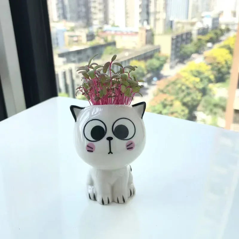 1pc Ceramic Flowerpot Mini Cat Cartoon Cute Plant Desktop Potted Plant Pot DIY Decorate Toys Science Education School Gifts Quick Pick Grocers