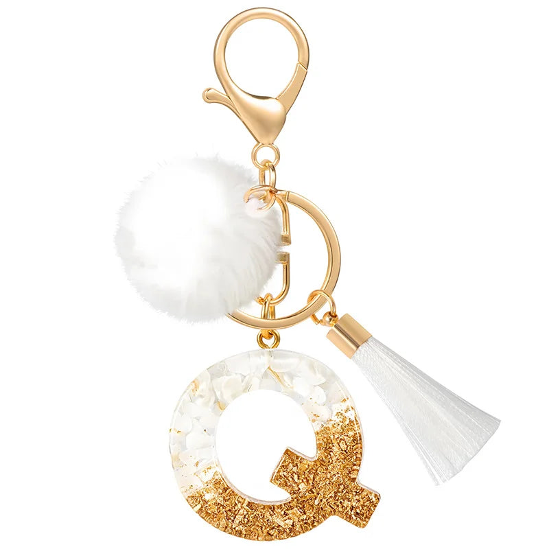 Creative Resin Initials White Fringe Fur Ball Women Keychain A-Z Letter Pendant Handbag Decor Car Key Ring Jewelry Gift Quick Pick Grocers