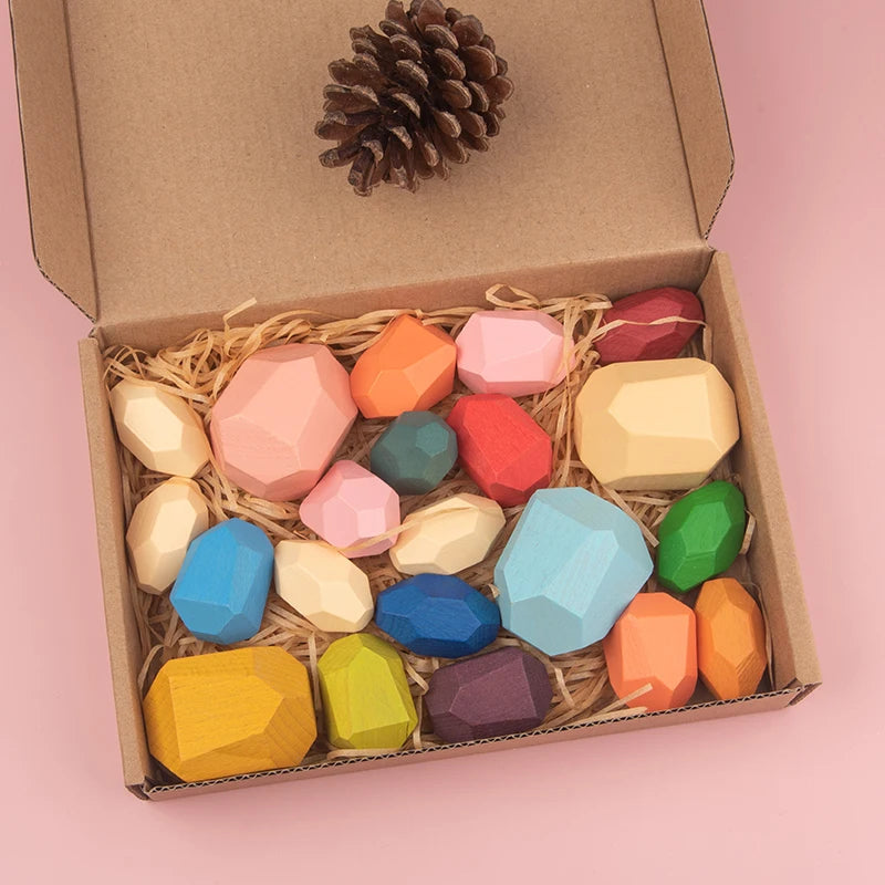 Wooden Sorting Stacking Rocks Stones Sensory Toddler Toys Learning Montessori Toys Building Blocks Game for Kids Birthday Gifts Purest Peak