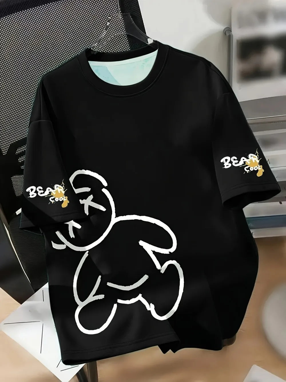 Summer men's round neck breathable T-shirt with cartoon bear print pattern suitable for daily and weekend gifting to friends Quick Pick Grocers