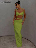 Cutenew Woven Matching Women 2 Piece Sexy Vacation Outfits Pleated Crop Camis+Shirring High Waist Maxi Skirts Solid Mujer Sets Quick Pick Grocers