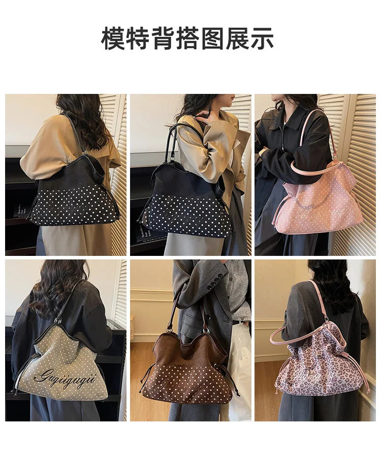 Brand Women's Shoulder Bag Y2k Fashion Sweet Polka Dot Handbag Korean Casual Versatile Leopard Print Brown Frosted Tote Bags Quick Pick Grocers