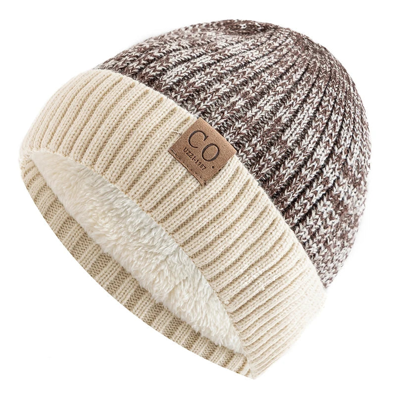 New Unisex Two-Tone Winter Hats Add Fur Lined Men And Women Fashion Warm Beanie Cap Casual Winter Knitted Hats Purest Peak