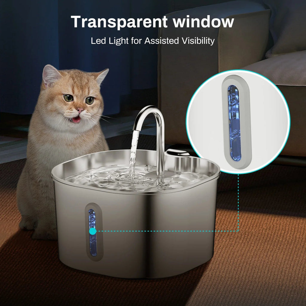 ZYFeeder 2.2L Automatic Cat Water Fountain Square Stainless Steel Pet Water Feeder Dog Water Fountain with window（No 5V 1A Plug） Quick Pick Grocers