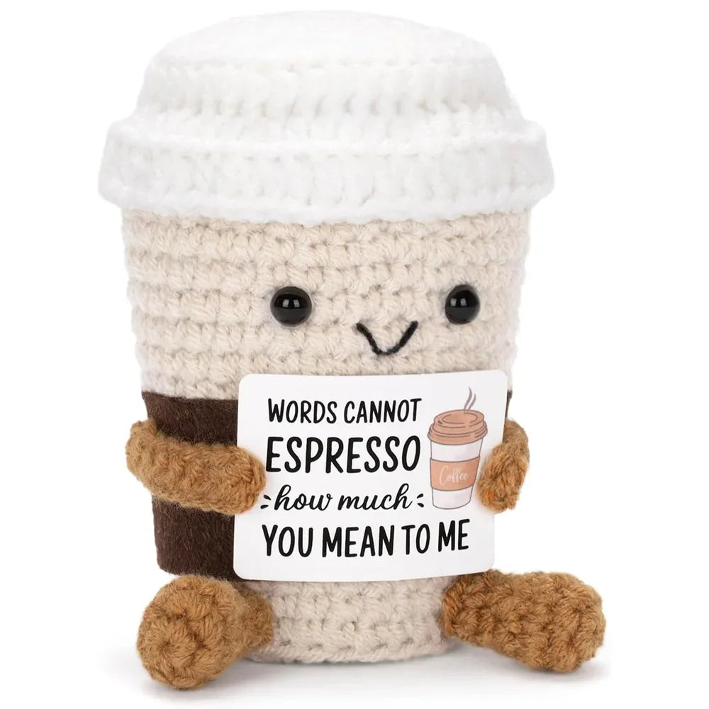 Funny Crochet Emotional Support Coffee Doll With Card Desktop Ornament Handmade Knitted Coffee Dolls Christmas Gifts Home Decor Quick Pick Grocers