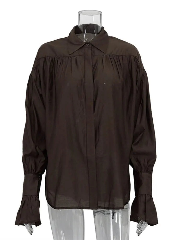 Tossy Casual Loose See-Through Shirts Women's Autumn Lapel Long Sleeve Patchwork Blouse Top Streetwear Female Solid Shirts Top Quick Pick Grocers