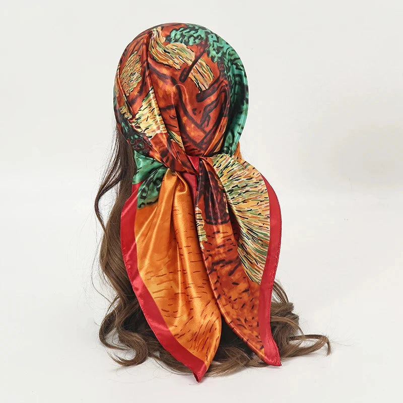 Satin Square Scarf Women Muslim Hijab Elegant 2025 Print Silk Neckerchief Shawl Wraps Headband Handle Hair Accessories Bandana Econic Blanks